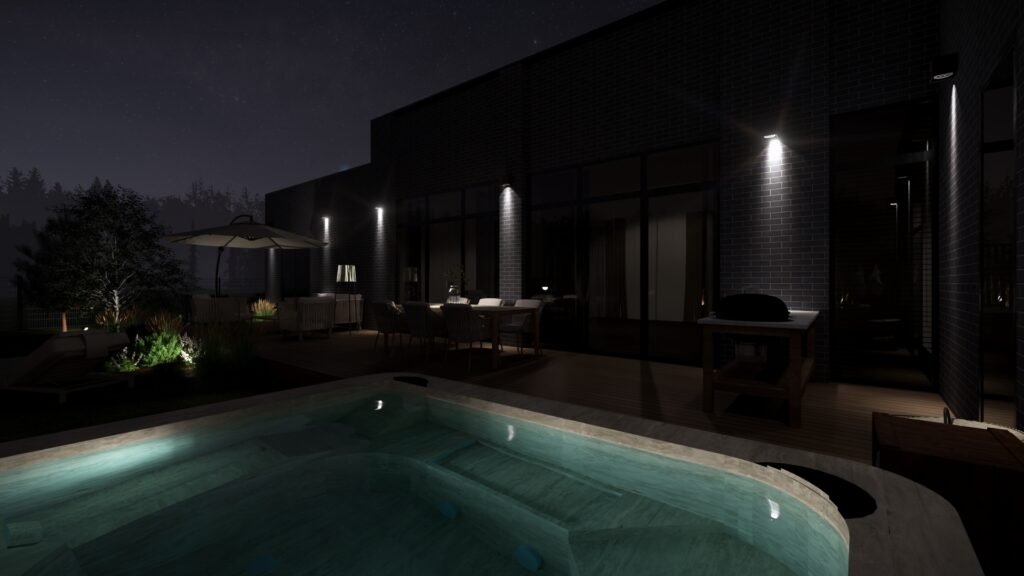 Moderniame kieme jacuzzi / spa zona integruota terasoje.